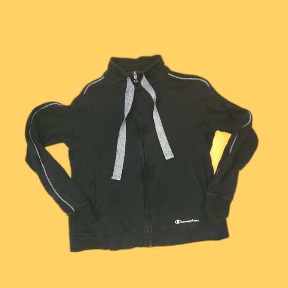 Champion Hooded Zip Up Jacket Black Silver Metallic Pipeline Detail Size Medium - Picture 1 of 8